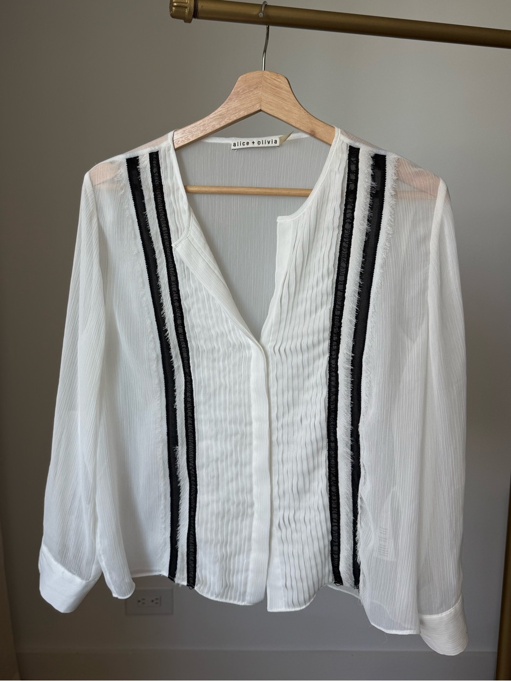 Alice + Olivia Sheer Lace Stripe Fringe Blouse Size S